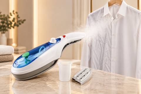 TweakLuxe Handheld Garment Steamer in use, refreshing a shirt with visible steam